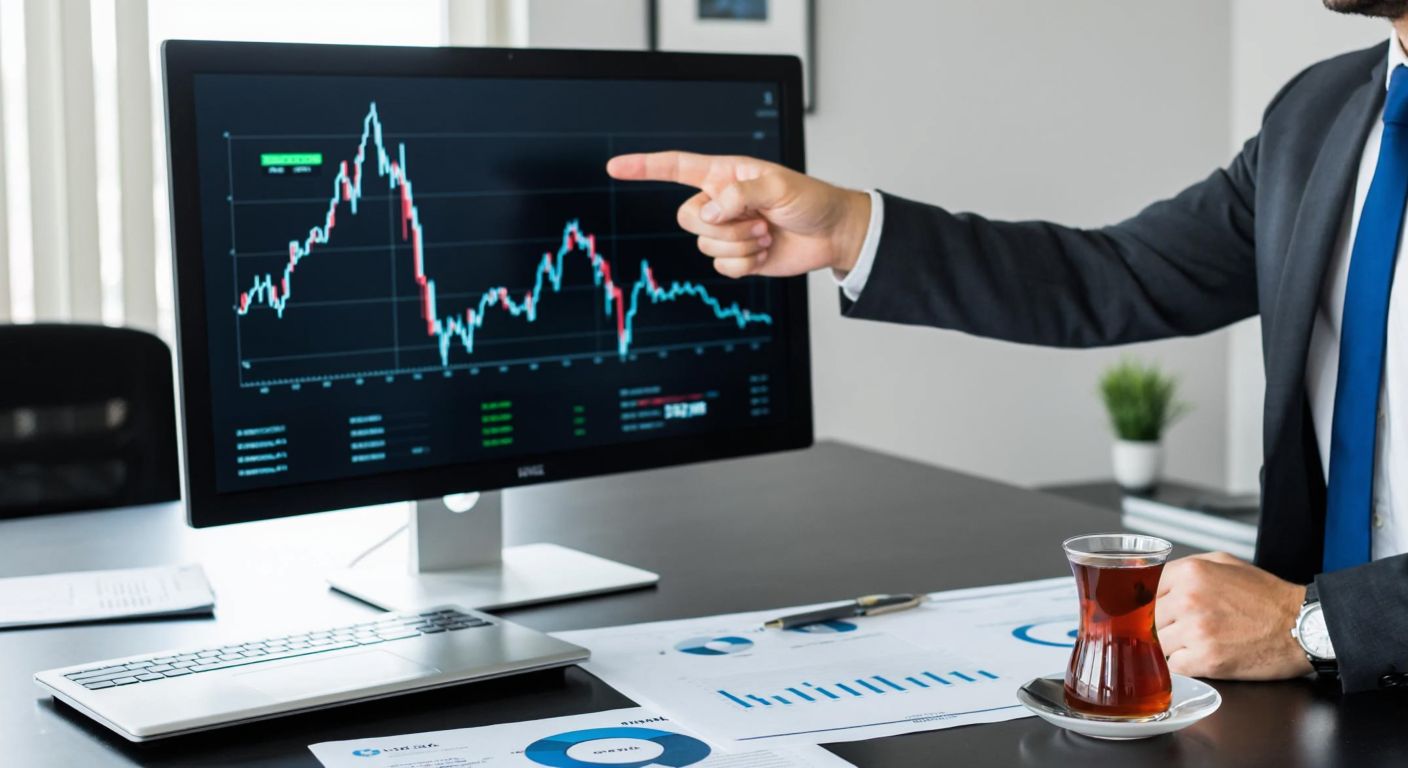 A modern Turkish office setting with a professional in a suit confidently pointing at a digital stock market graph on a sleek monitor, surrounded by financial documents and a steaming cup of Turkish tea.