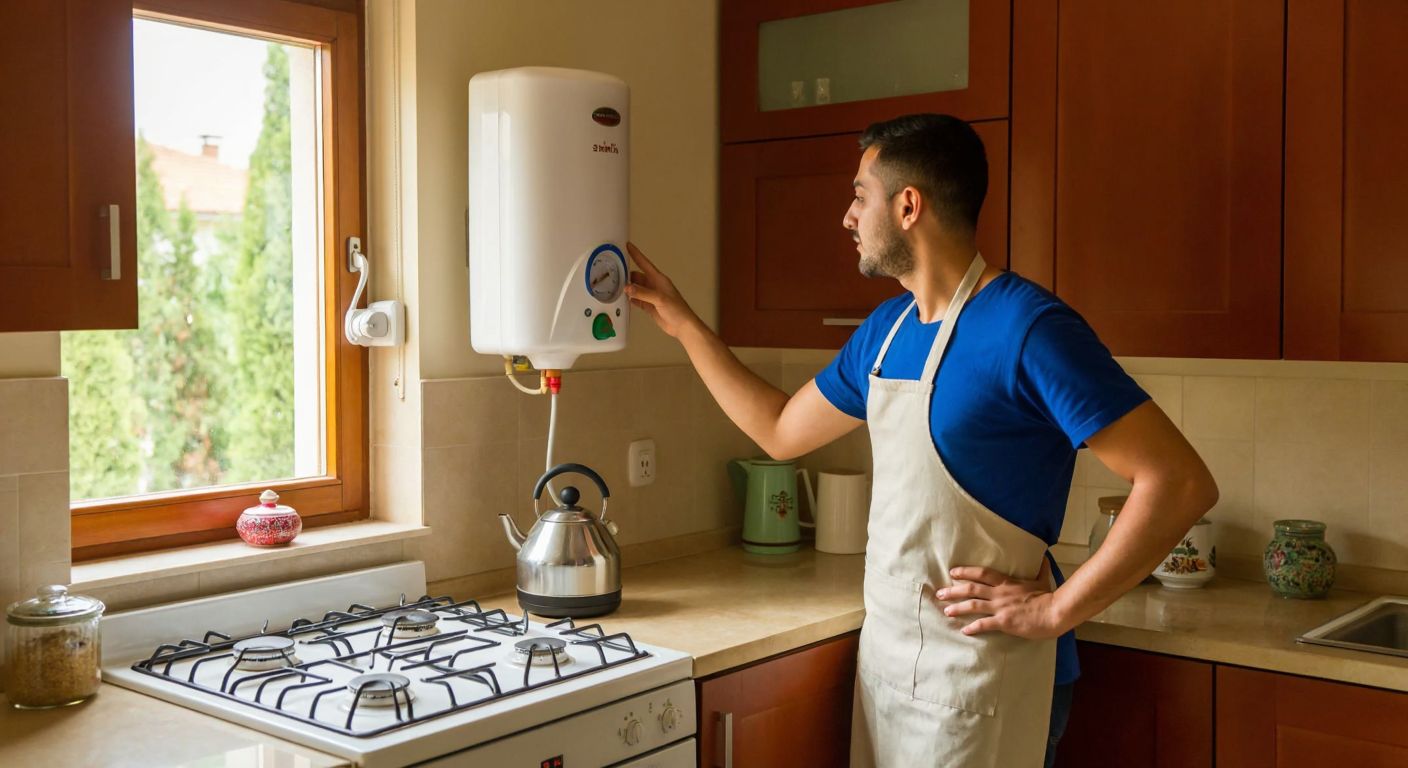 A person in a Turkish home kitchen wearing an apron checks a water heater mounted on the wall, adjusting its dial while steam rises from a nearby kettle on the stove.