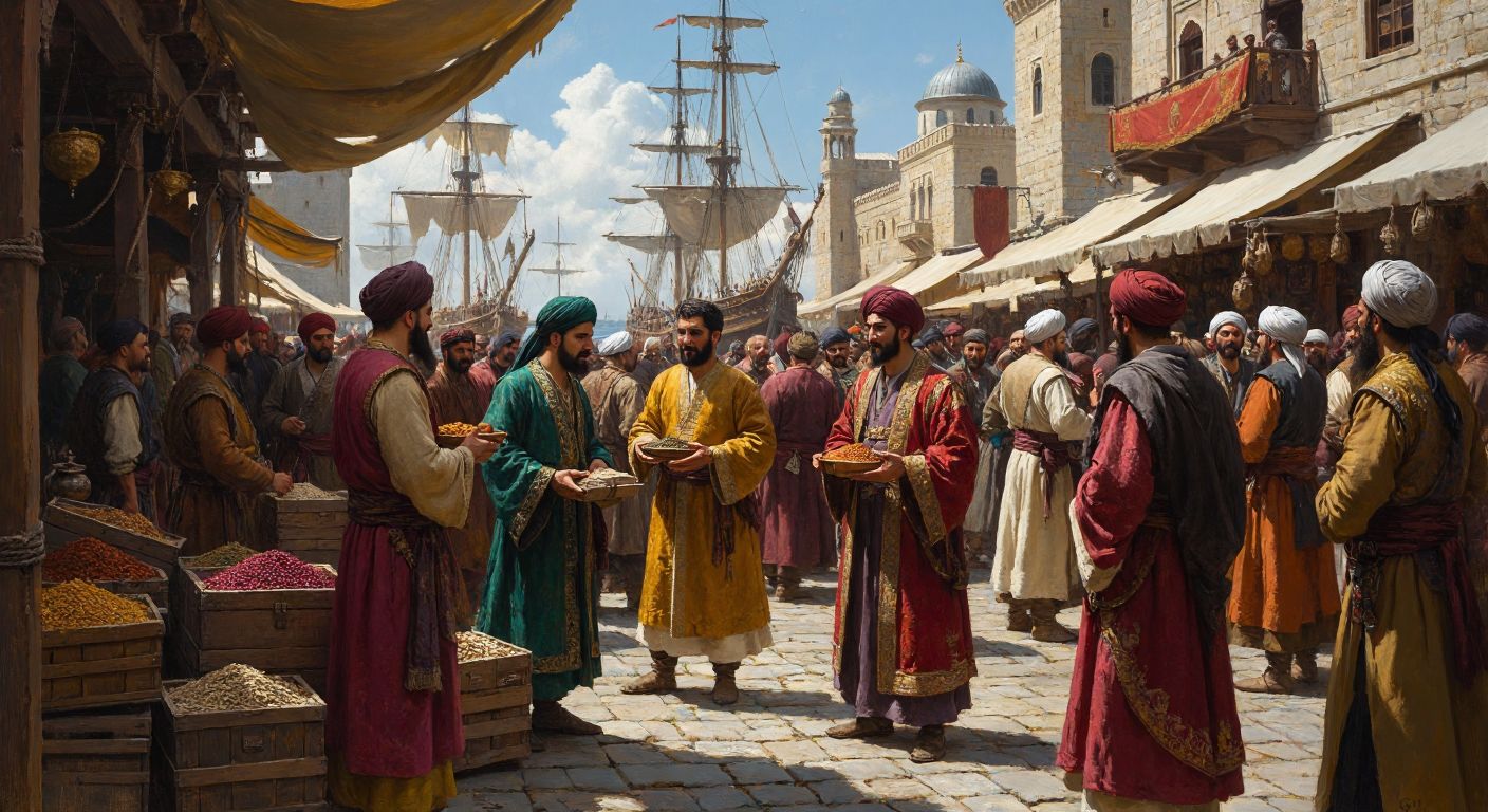 A bustling medieval Anatolian port with Seljuk merchants in traditional robes exchanging silk and spices with Venetian traders in ornate European attire, surrounded by wooden crates and anchored ships under a bright sun.