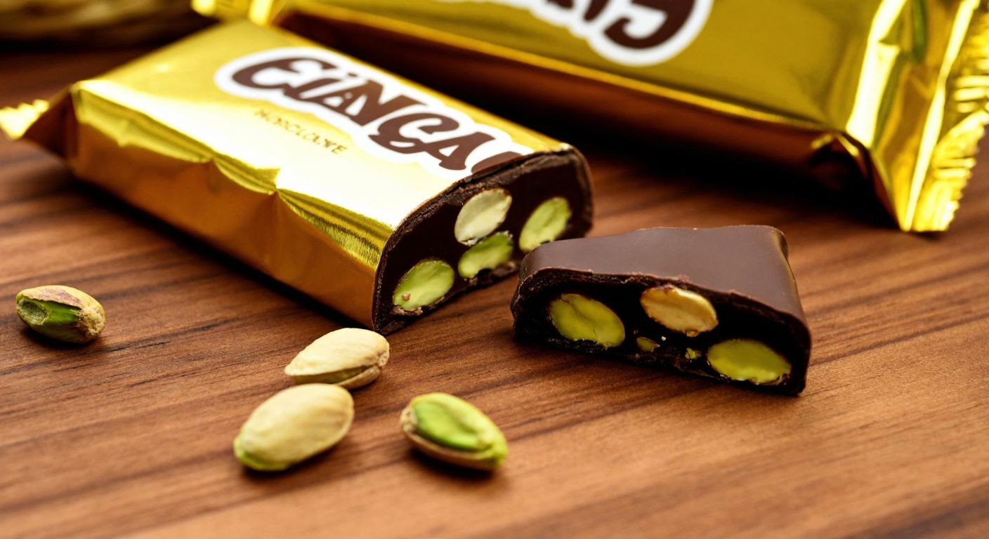 A close-up of a golden-wrapped Eti Canga chocolate bar on a wooden table, cracked open to reveal creamy layers studded with green Antep pistachios, with a few whole pistachios scattered beside it.