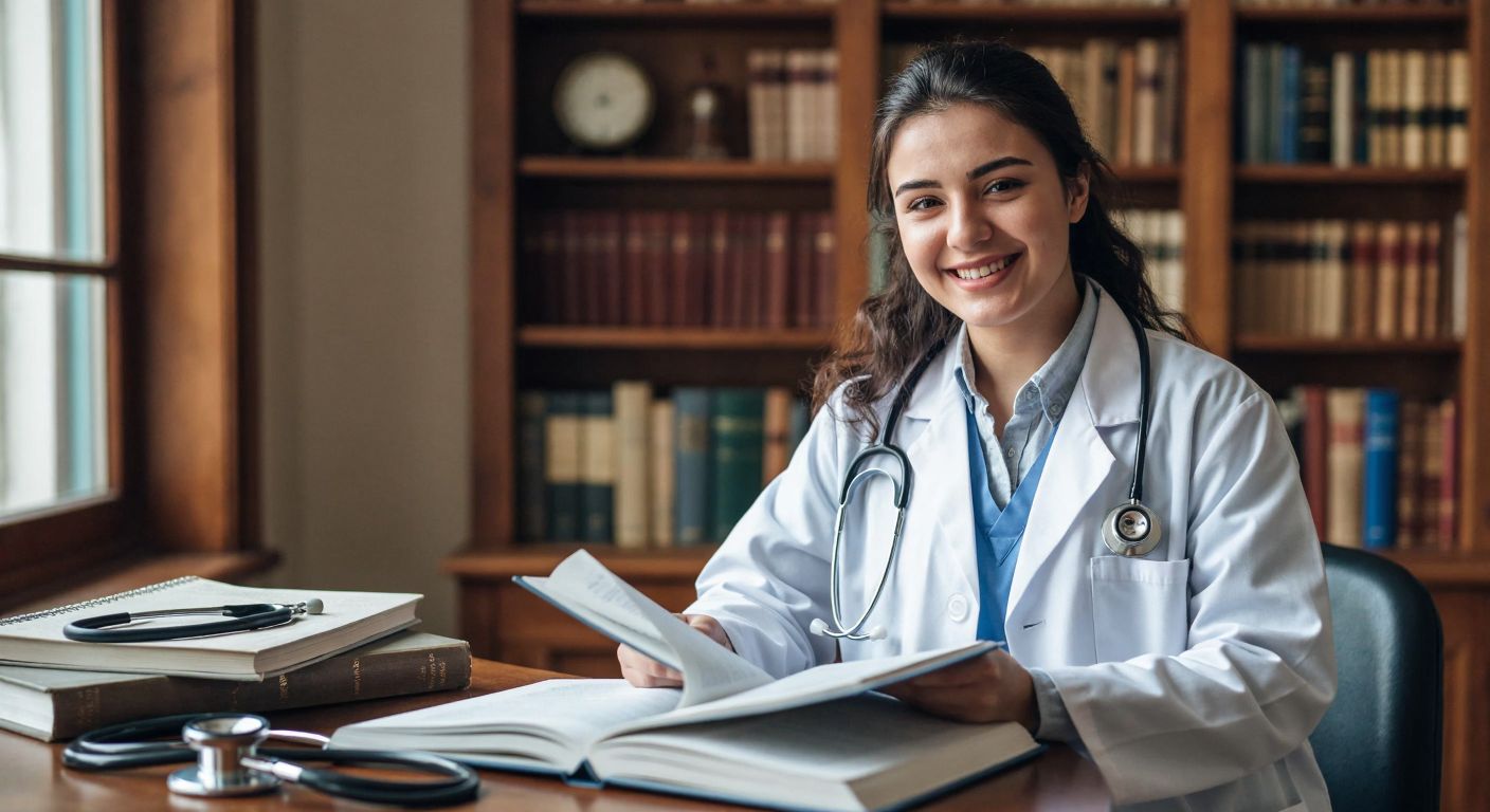 A young Turkish medical student in a white coat smiles confidently while flipping through a well-worn English medical textbook, with a stethoscope resting on the desk beside them.