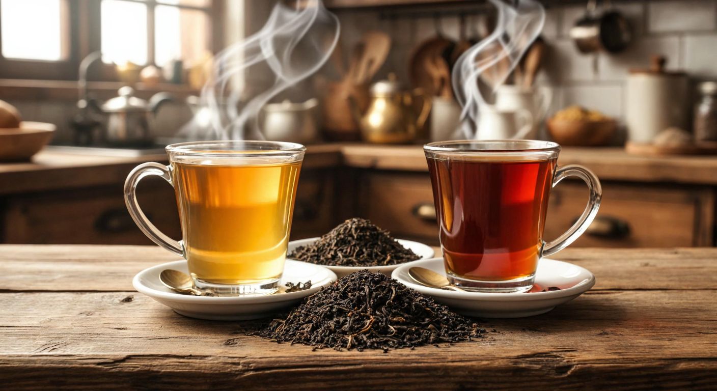 A rustic wooden table in a cozy Turkish kitchen holds two steaming cups of tea—one with golden-hued Lipton Yellow Label and the other with dark amber Doğu Karadeniz çay—flanked by loose tea leaves from a global blend and fresh Karadeniz tea leaves, evoking warmth and regional contrast.