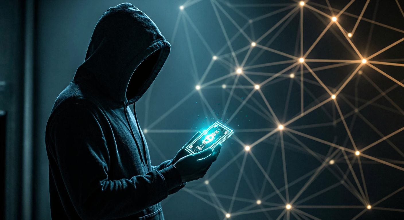 A shadowy figure in a dimly lit room, wearing a hoodie, holds a glowing digital wallet while standing in front of a futuristic, decentralized network of interconnected nodes.
