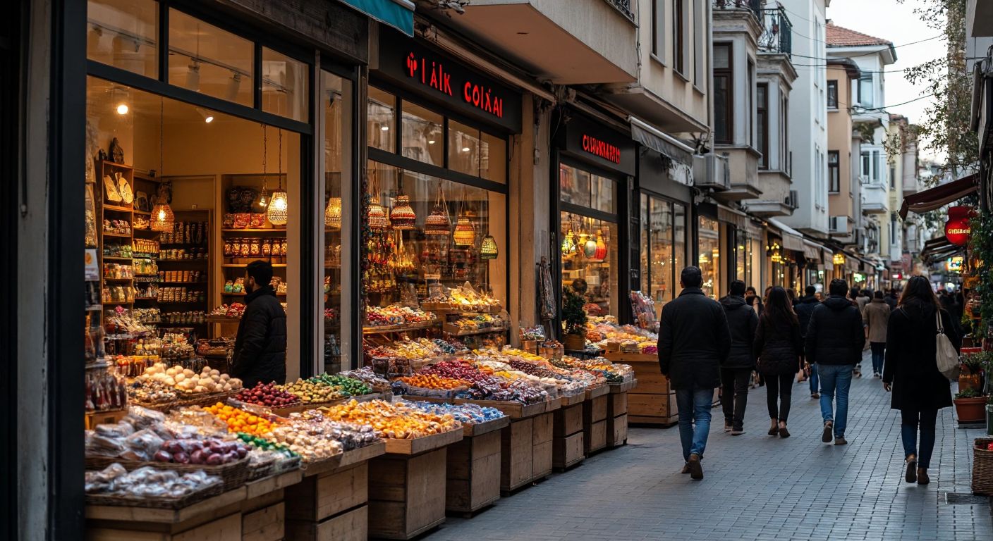 A bustling Turkish street with a row of shops featuring frosted glass windows, softly diffusing warm interior light while obscuring the contents inside, surrounded by pedestrians in casual attire and vendors arranging colorful displays.