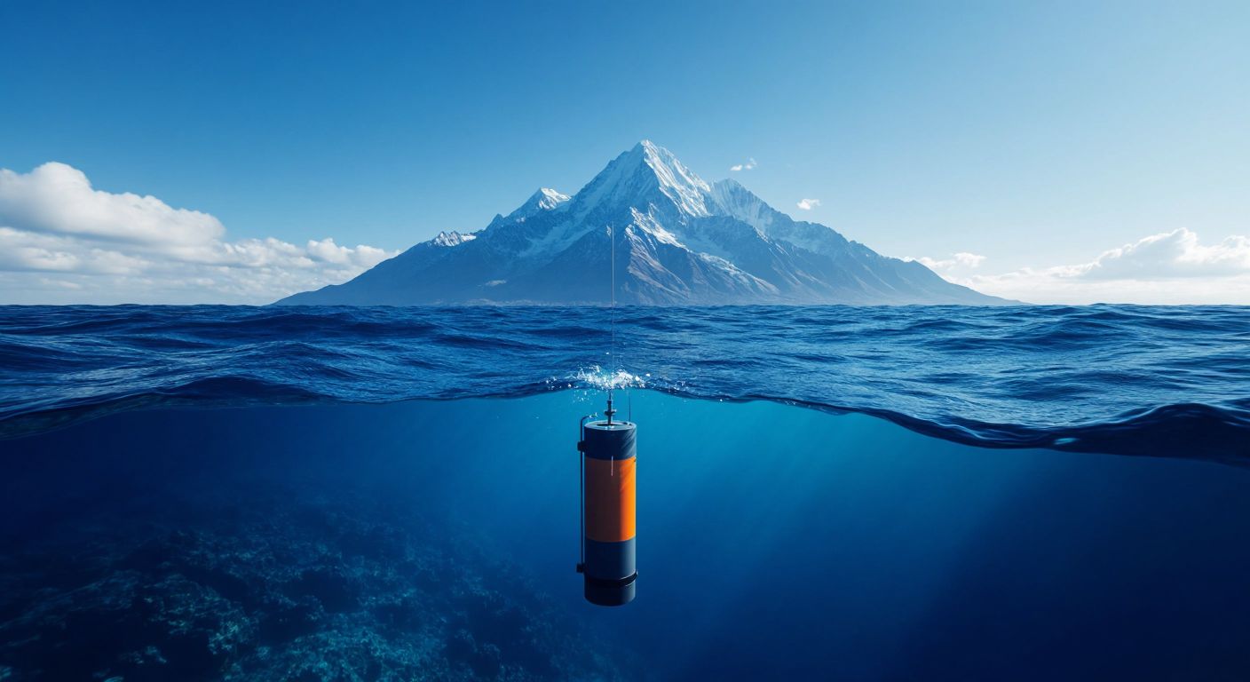 A deep blue ocean with a submerged batimeter measuring pressure waves, contrasted by a bright mountain peak where an altimeter rests against a clear sky.