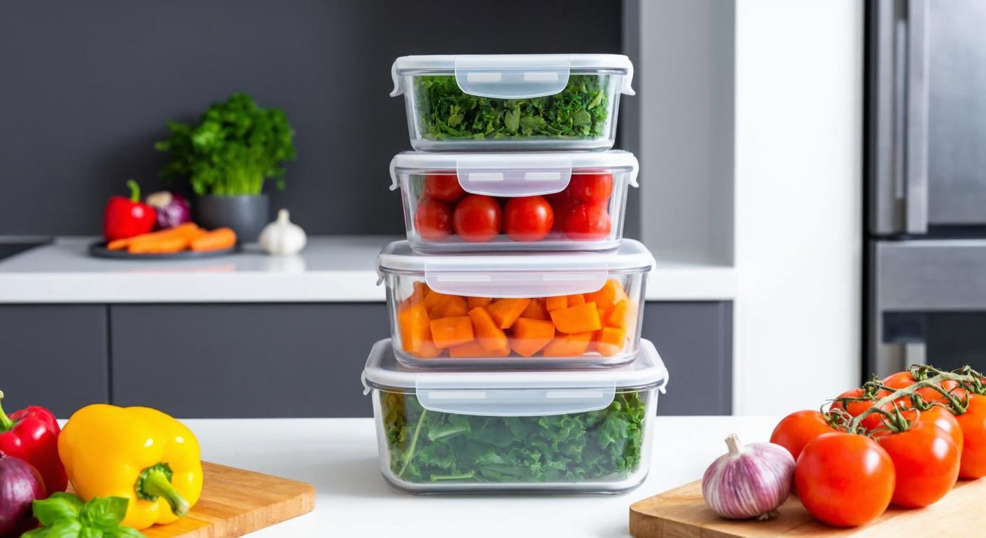 A stack of sleek gray freezer containers with airtight lids, neatly arranged in a modern Turkish kitchen, filled with colorful fresh vegetables and herbs.