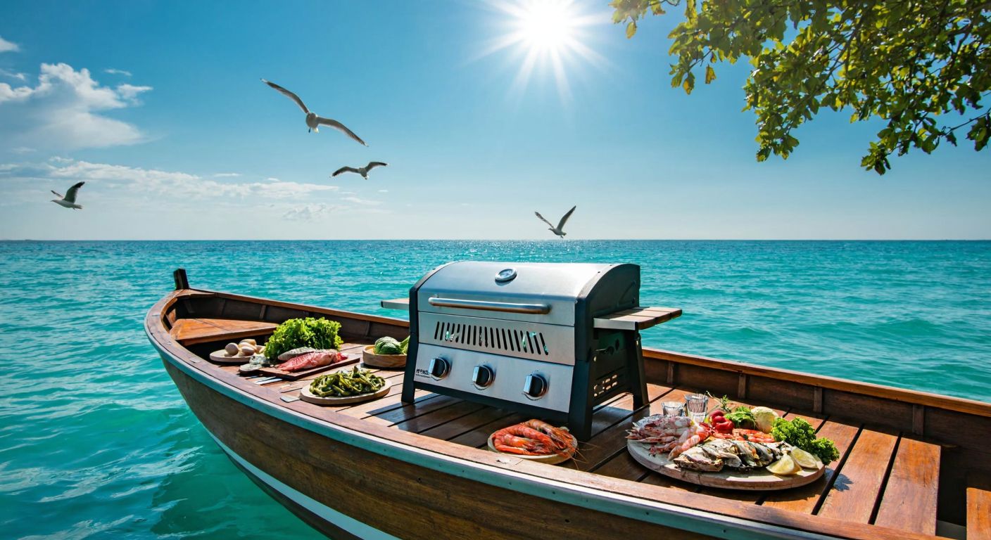 A wooden boat on calm turquoise waters with a sleek gas-powered grill and a traditional charcoal grill side by side on its deck, surrounded by fresh seafood and vegetables, under a bright sun with seagulls flying overhead.