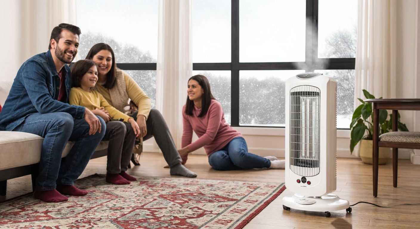 A cozy Turkish living room with a modern white heater from BİM emitting warm air, surrounded by a family smiling contentedly on a patterned rug, while snow falls gently outside the window.