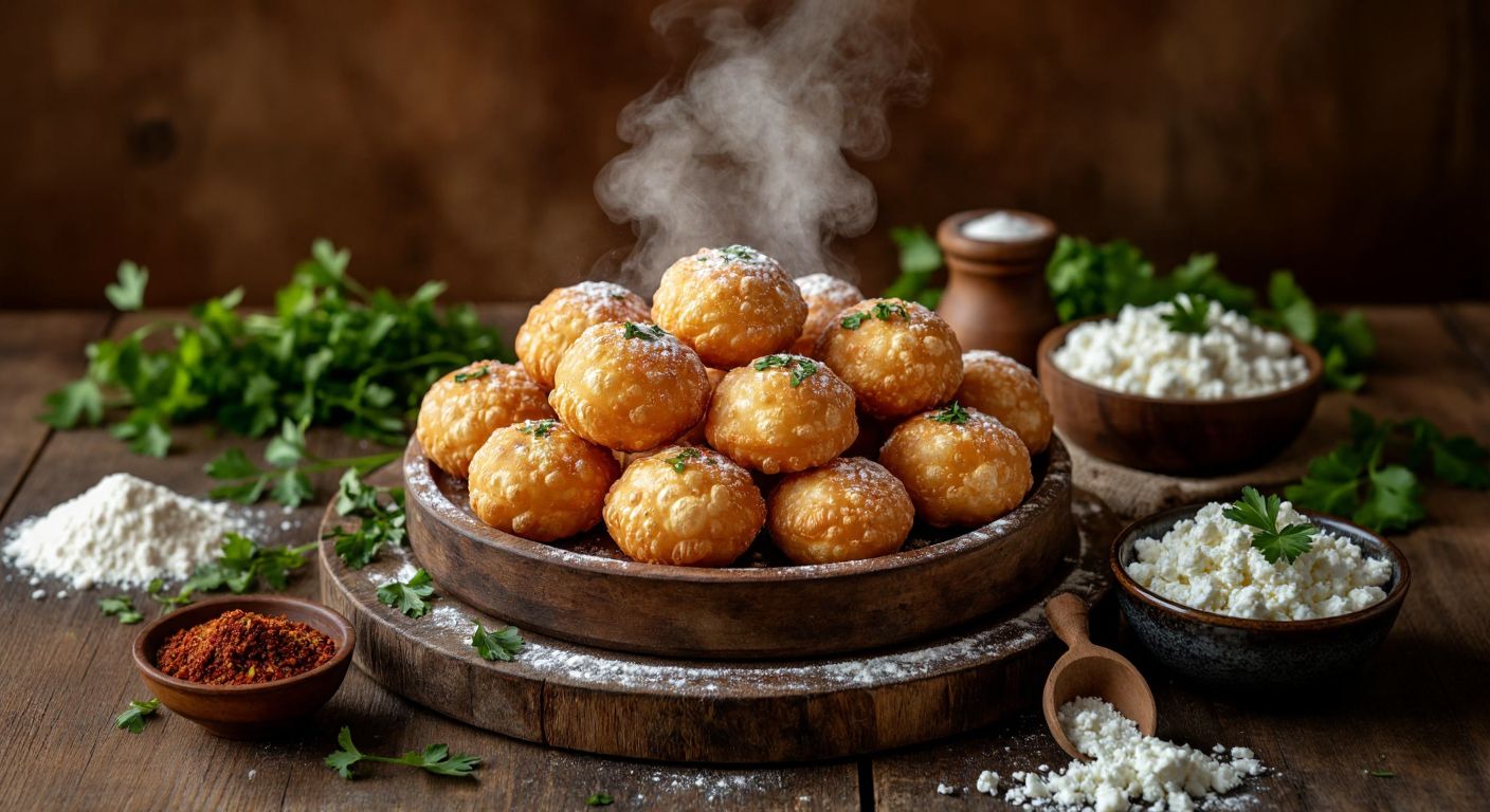A warm, golden-brown batch of freshly fried *tuzlu hamur kızartması* sits on a rustic wooden tray, surrounded by scattered flour, chopped herbs, and a bowl of crumbled white cheese, with steam rising from the crispy pastries.