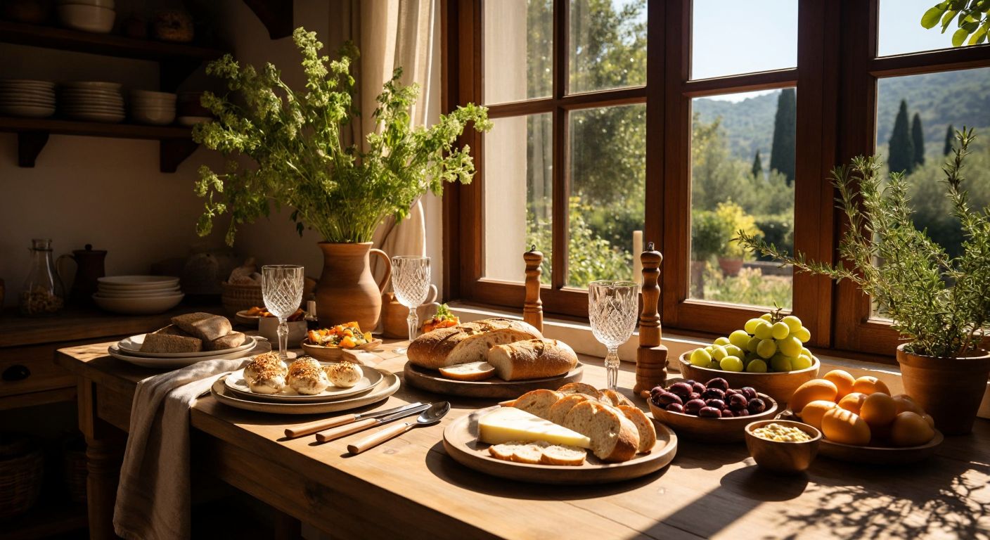 A rustic wooden breakfast table in a sunlit Turkish kitchen, set with an array of elegant knife sets featuring marble-patterned, olive-wood, and bamboo handles, alongside fresh bread, olives, and cheese.