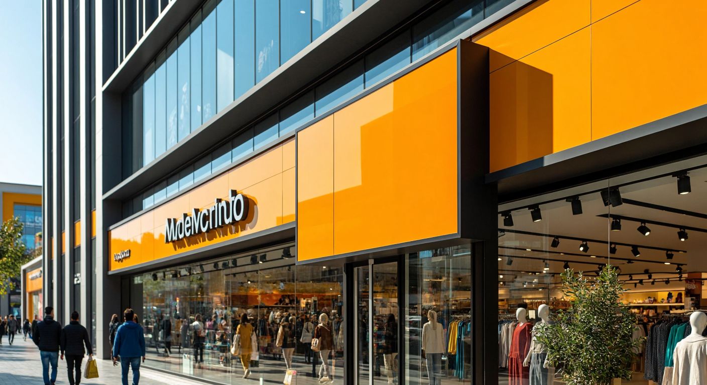A sleek, modern composite signboard mounted on the vibrant facade of a Turkish shopping mall, reflecting sunlight while shoppers pass by.