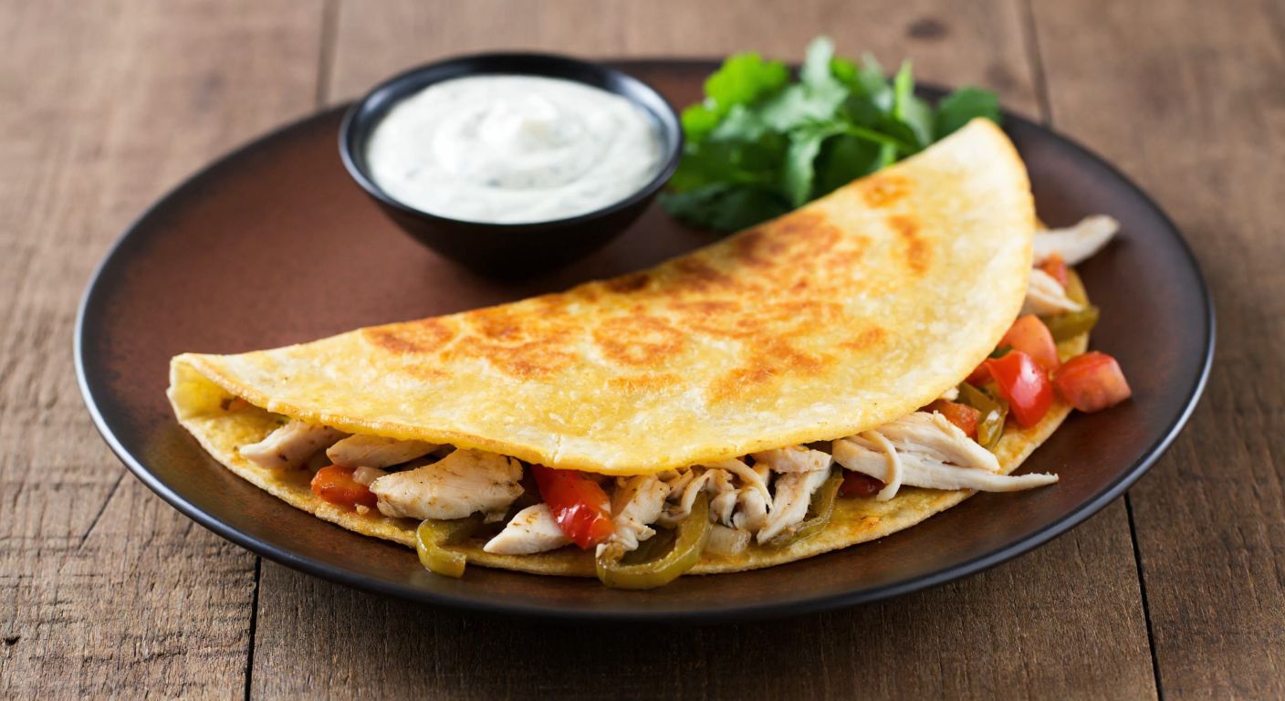 A golden-brown quesadilla stuffed with shredded chicken, sautéed onions, and peppers, resting on a rustic wooden table with a side of fresh salsa and sour cream.