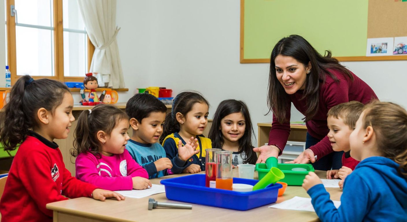 A cheerful Turkish preschool classroom with young children (ages 3-6) gathered around a colorful science experiment, their faces lit with curiosity and joy as a teacher demonstrates with simple lab tools.