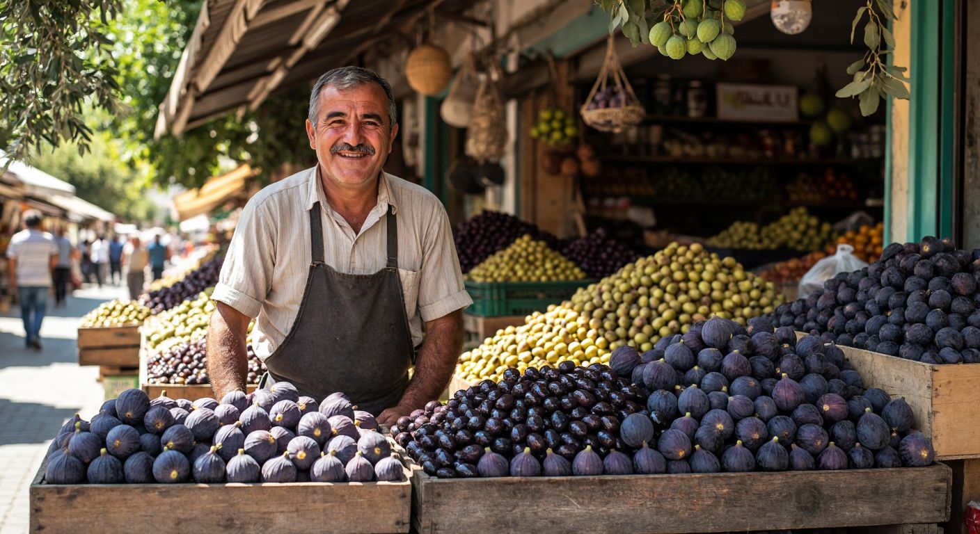 A warm, sunlit marketplace in Aydın’s Koçarlı district, with a proud middle-aged Turkish man (Hasan Küçükoğlu) smiling behind a wooden stall piled with fresh figs and olives, embodying family tradition and local trade.