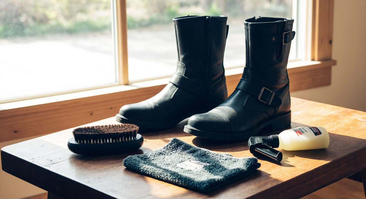 A pair of sleek black Harley Davidson leather boots sits on a wooden table, surrounded by a soft microfiber cloth, a small brush, and a bottle of leather cleaner, with sunlight streaming through a nearby window.