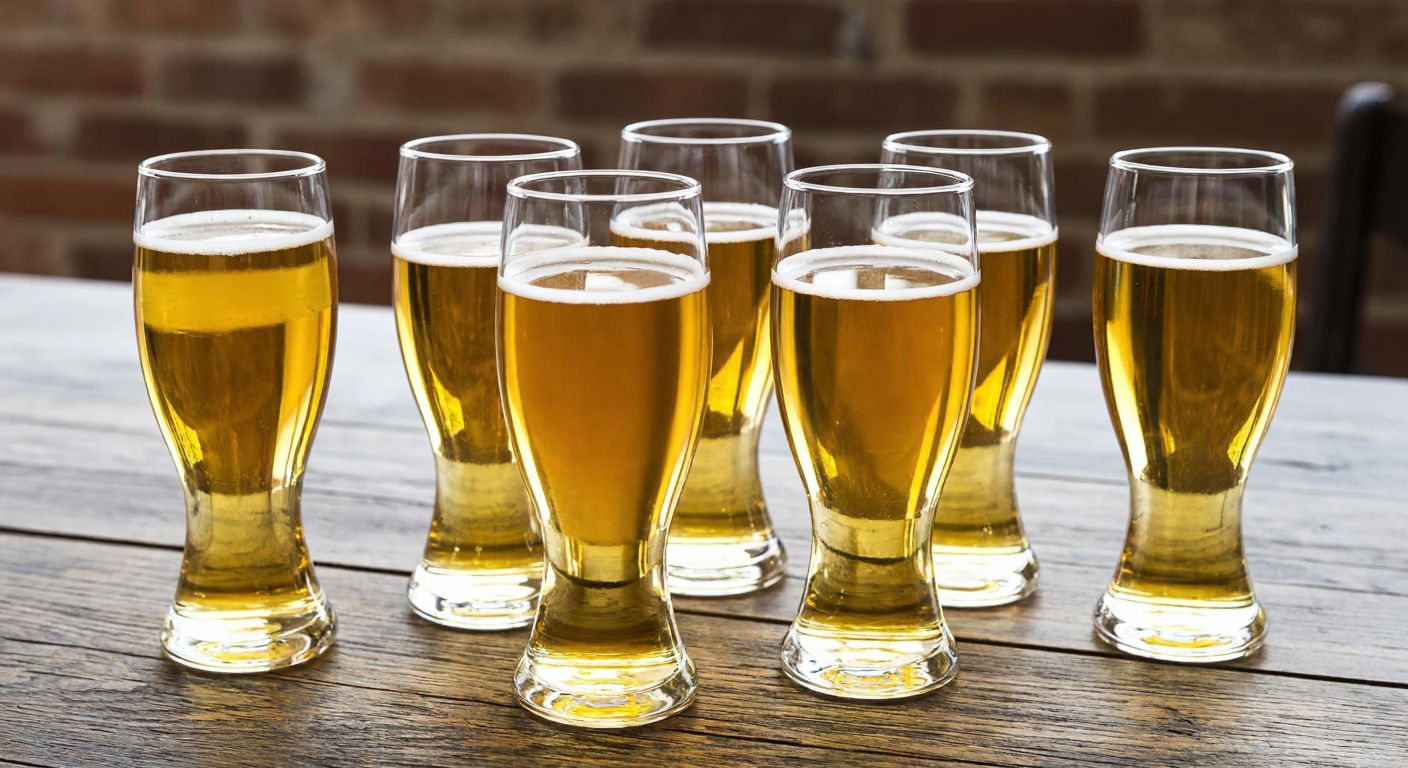 A group of six sleek, wavy-designed beer glasses filled with golden lager, placed on a rustic wooden table in a cozy Turkish tavern, with soft light reflecting off their curved surfaces.