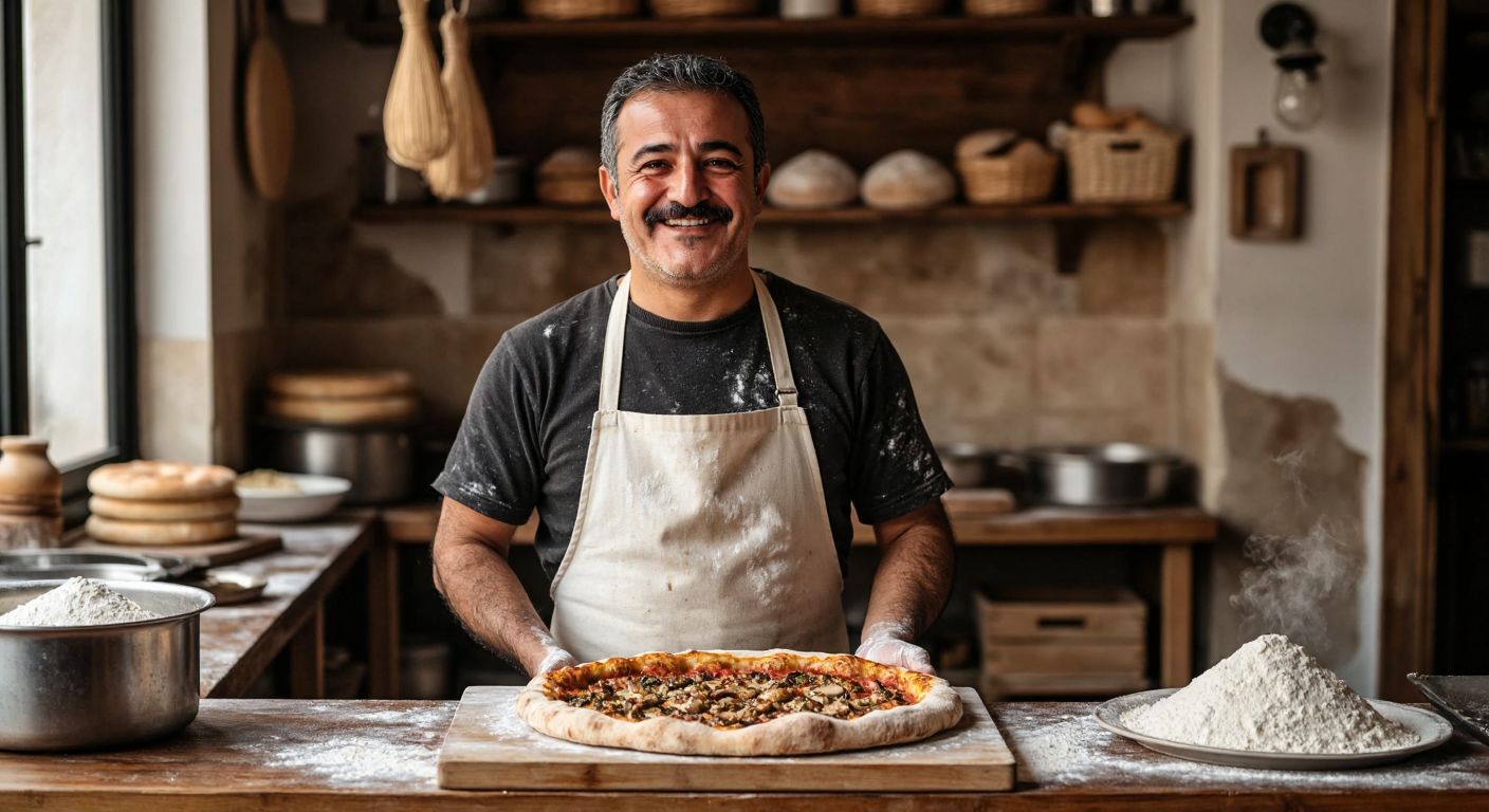 A smiling, middle-aged Turkish man with a flour-dusted apron stands proudly behind a wooden counter, holding a freshly baked pide with golden crust and steaming toppings.