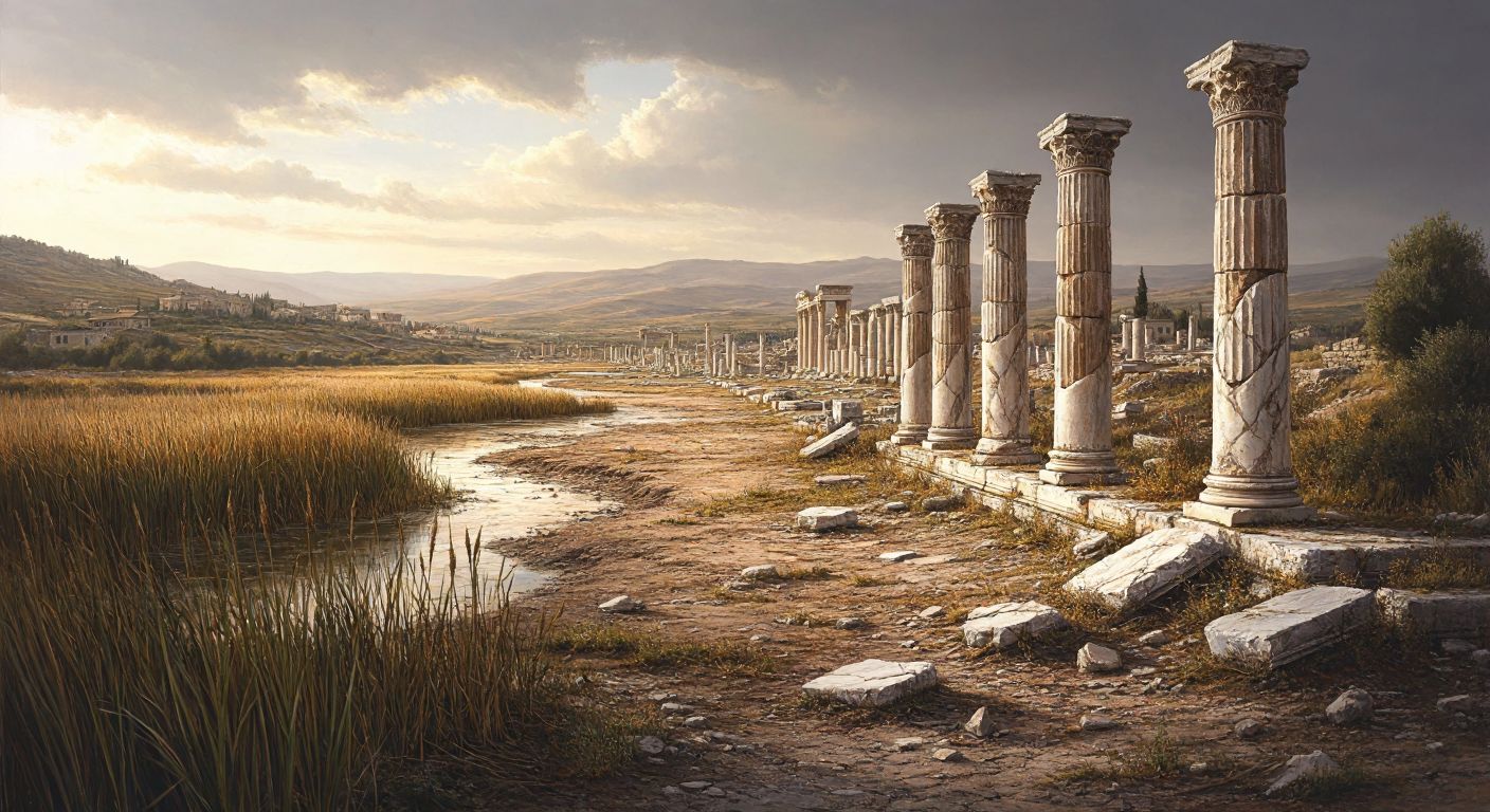 A sunlit ancient city in ruins, with cracked marble columns half-buried in silt near a dried-up riverbed, surrounded by overgrown reeds and distant hills under a hazy sky.