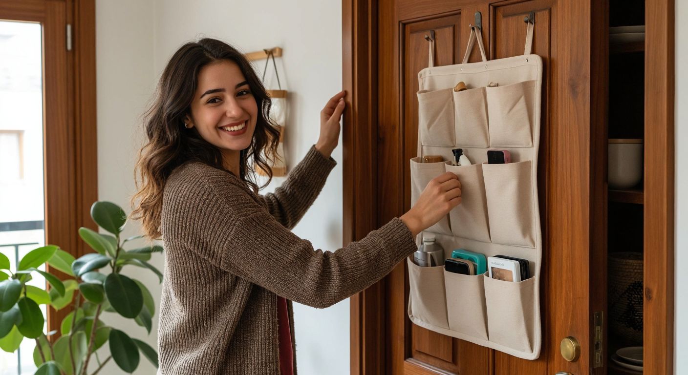 A Turkish woman in a cozy home setting smiles while effortlessly hanging a fabric door organizer with multiple pockets on the back of a wooden door, neatly arranging small household items inside.