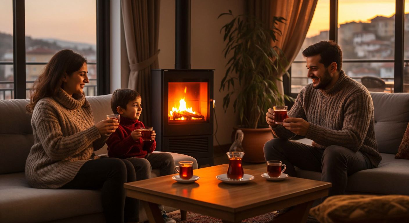 A cozy Turkish living room with a modern electric heater glowing warmly in the corner, surrounded by a family in thick sweaters sipping çay from tulip-shaped glasses.