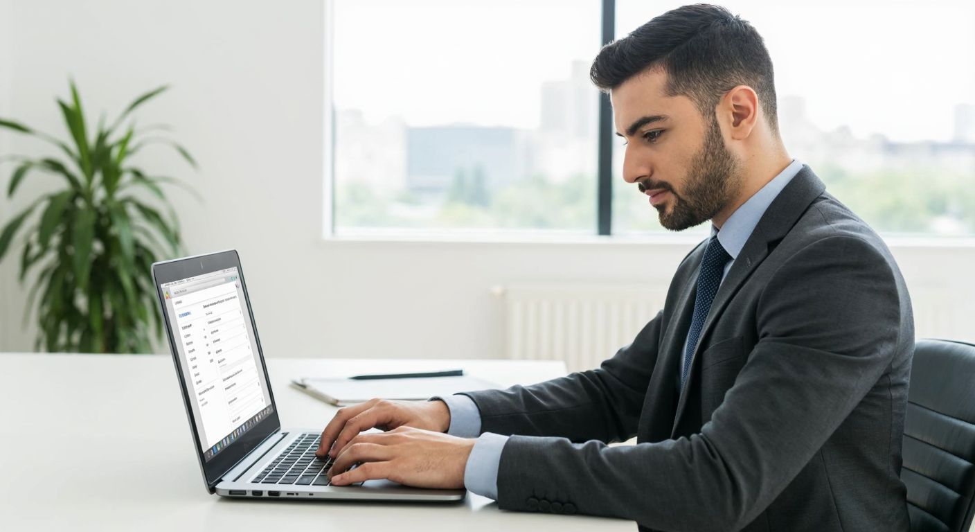 A Turkish businessperson in a modern office, wearing a suit, confidently typing on a laptop with a focused expression, while a digital invoice interface is displayed on the screen.