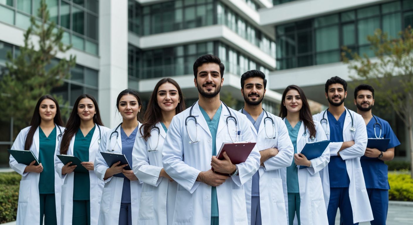 A diverse group of young and middle-aged Turkish medical professionals—students in white coats, doctors with stethoscopes, and dentists in scrubs—standing confidently in front of a modern hospital, holding books and medical tools, with expressions of determination and focus.
