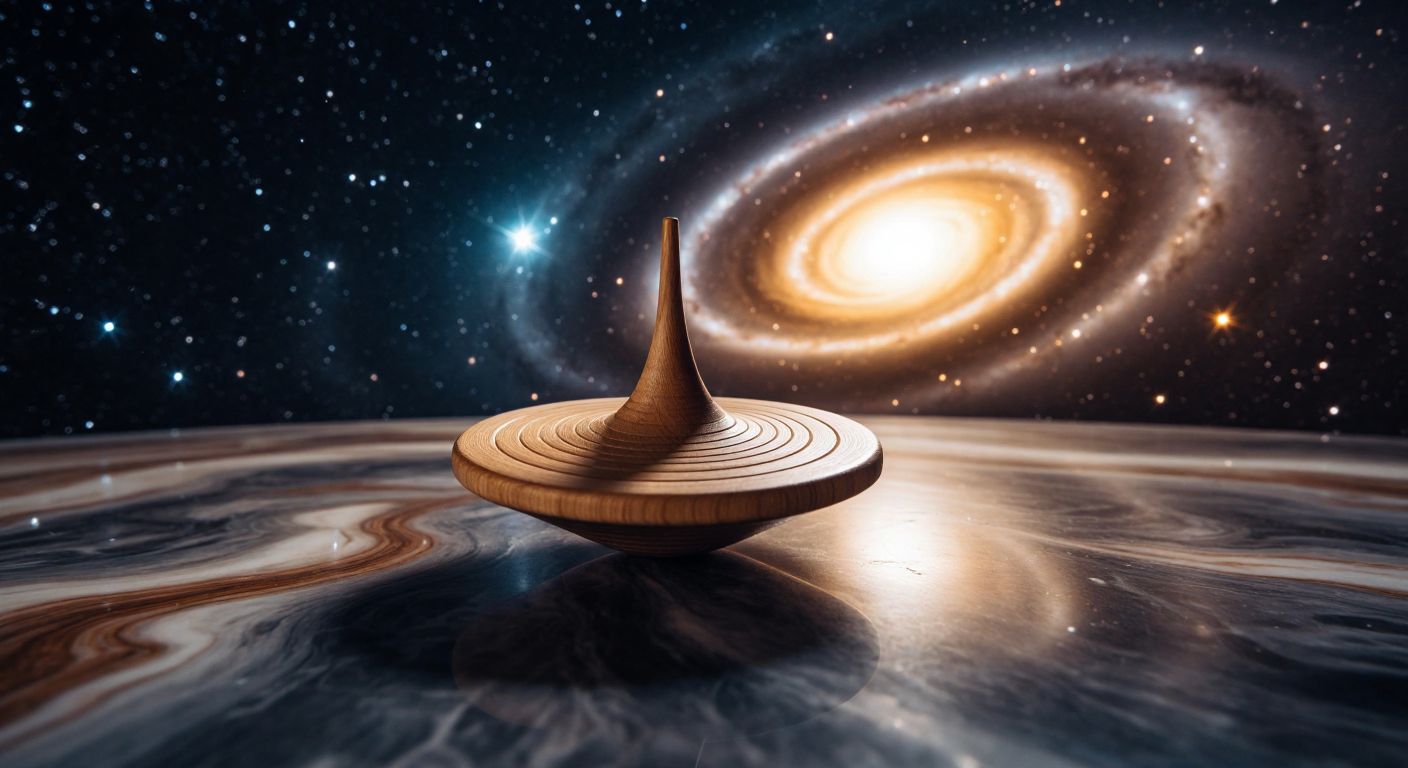 A wooden spinning top rotates steadily on a marble floor while a swirling galaxy of stars subtly forms in the background, contrasting circular motion with cosmic movement.