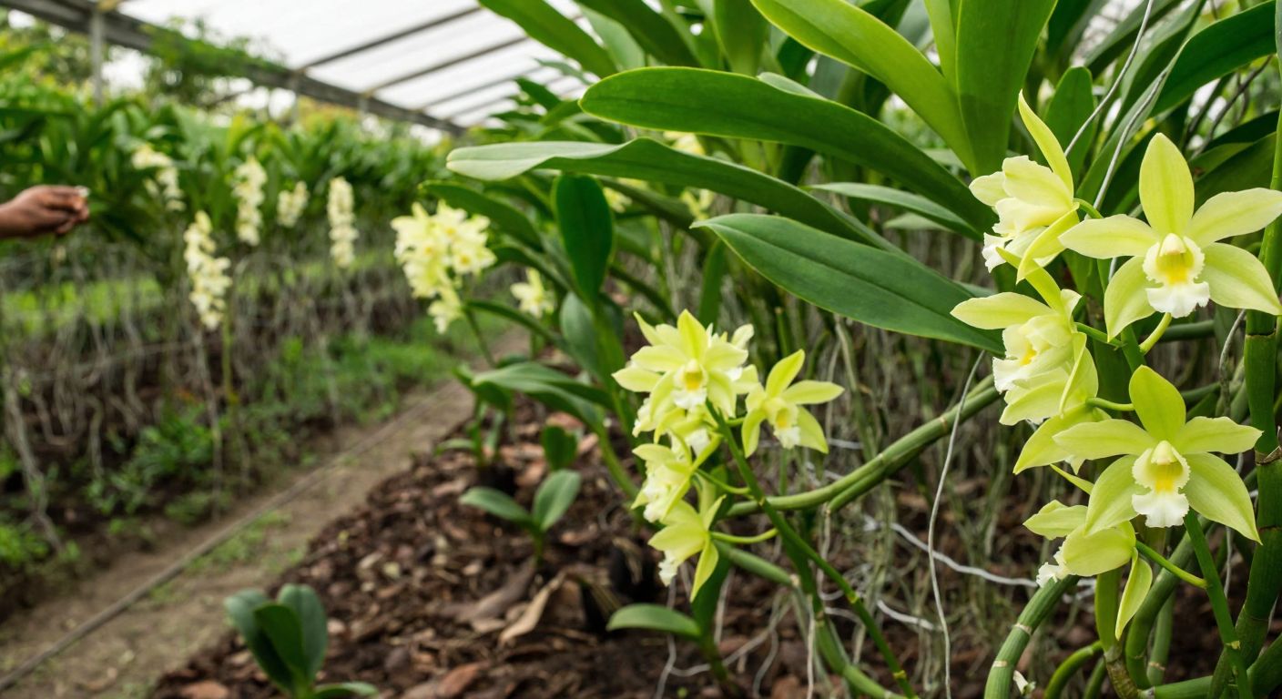 A lush tropical plantation with delicate vanilla orchids blooming under shaded canopies, where farmers carefully hand-pollinate the flowers under the warm sun, surrounded by vibrant green vines and rich soil.