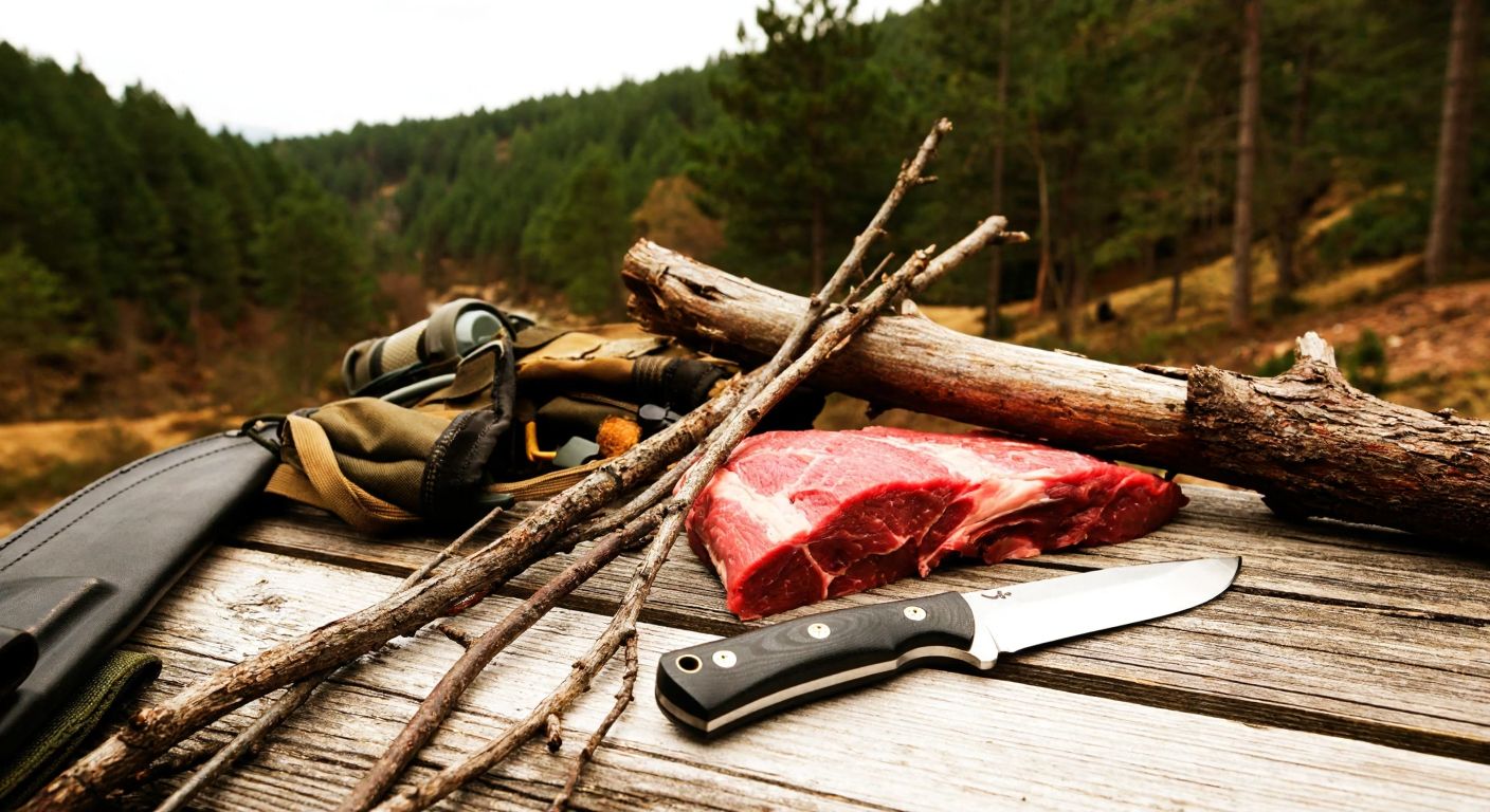 A rugged drop-point knife lies on a wooden table surrounded by outdoor gear, fresh-cut branches, and a piece of raw meat, with a forested Turkish landscape in the background.