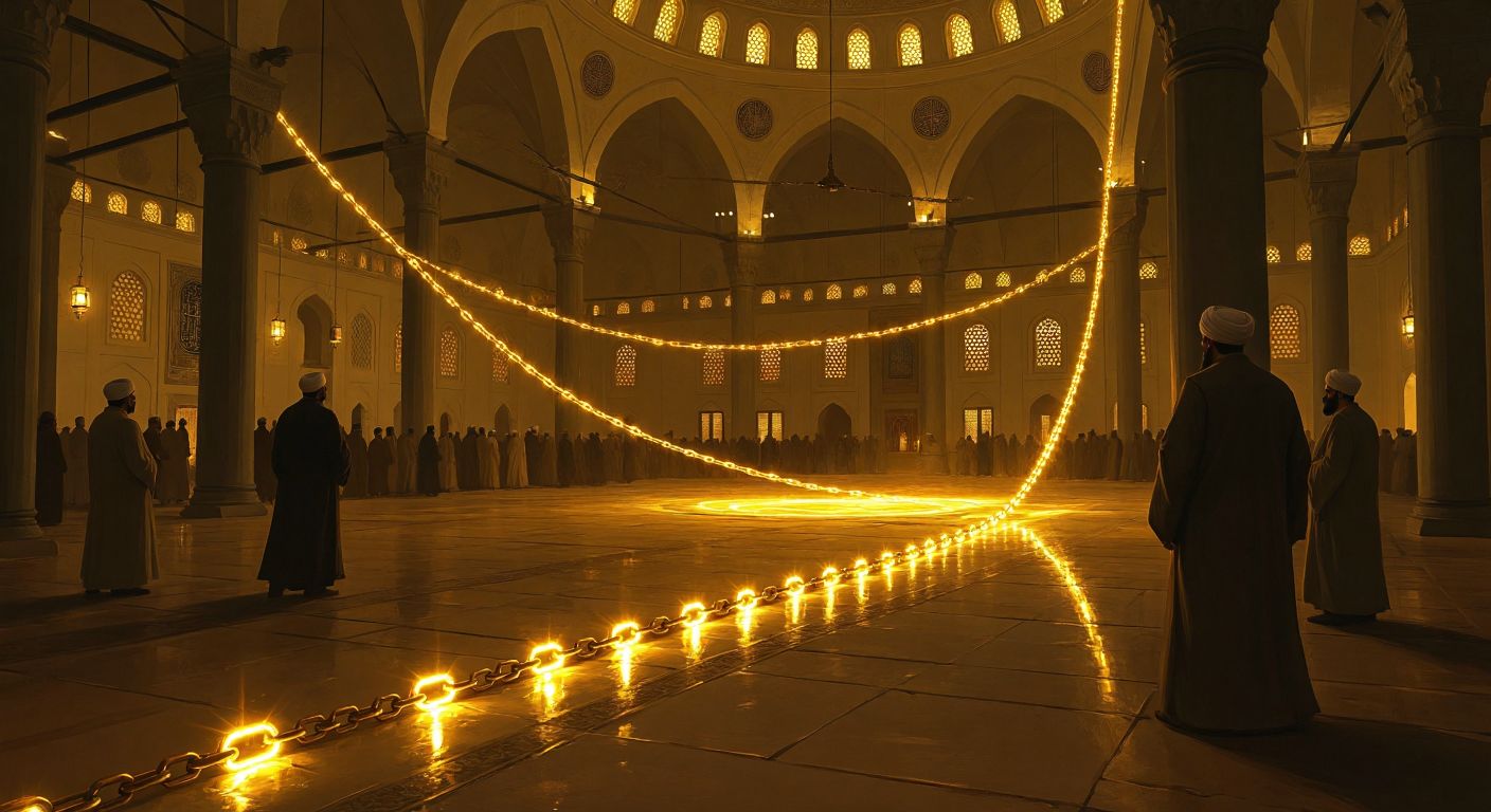 A golden chain with 38 glowing links stretches across a warm-hued Turkish mosque courtyard, with shadowy figures of revered scholars standing solemnly in the background.
