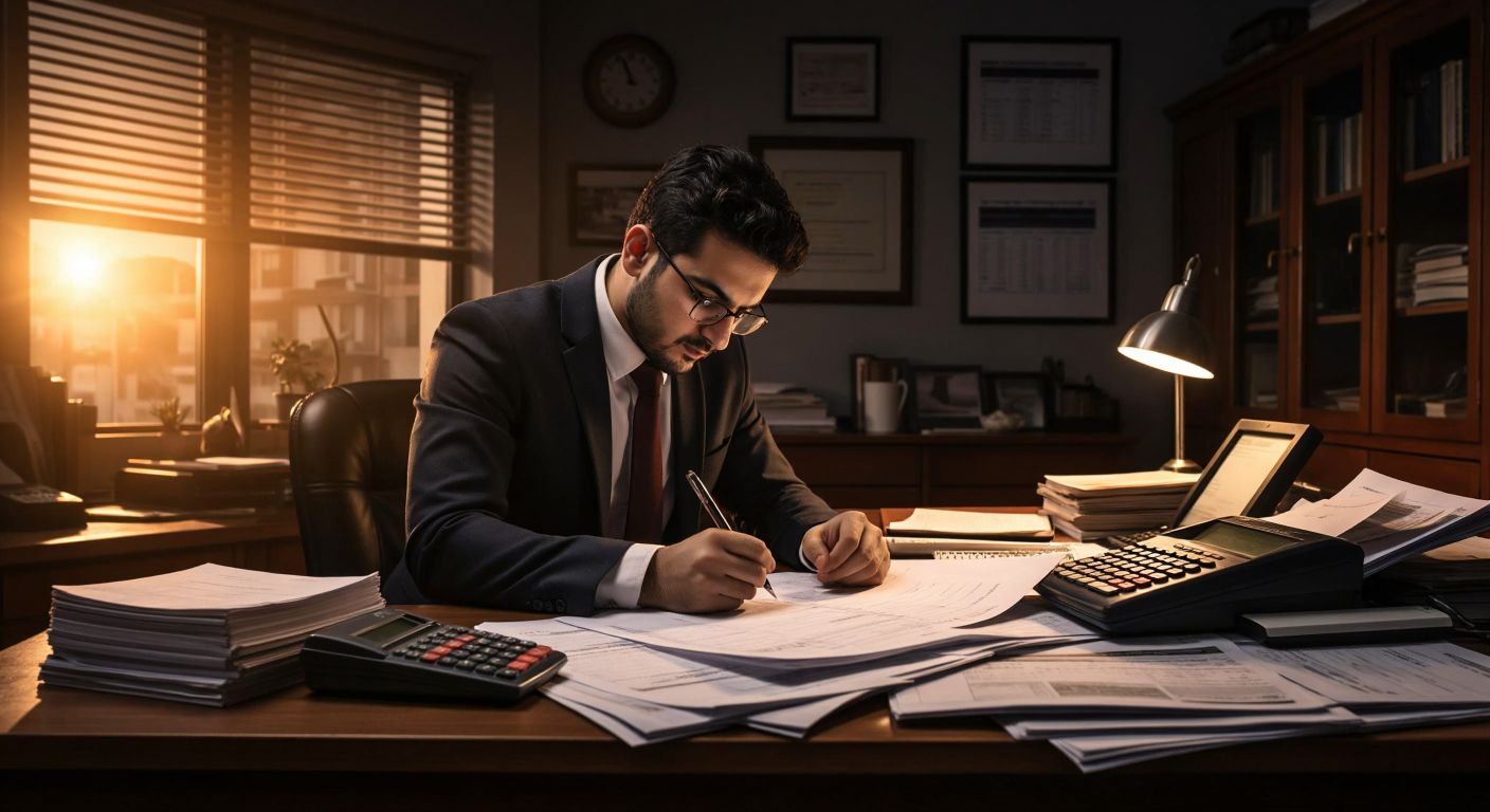 A focused Turkish accountant in a tidy office, writing in a ledger with a calculator nearby, while a small stack of receipts and invoices sits on the desk under warm lighting.