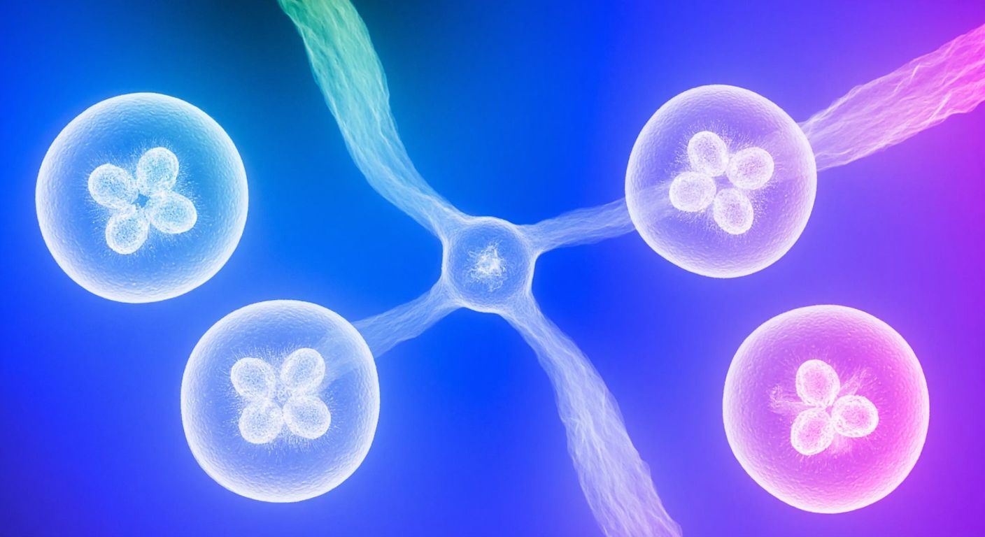 A microscopic view of a cell dividing into four smaller cells, with vibrant colors highlighting the dynamic stages of meiosis—chromosomes condensing, aligning, and separating in a fluid, organic motion.