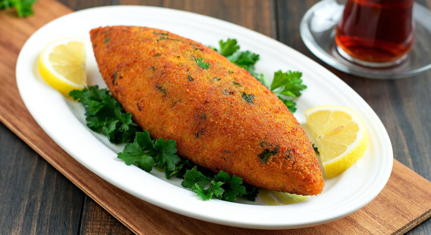 A golden-brown mercimek köftesi resting on a white ceramic plate, garnished with fresh parsley and lemon wedges, placed on a rustic wooden table with a Turkish tea glass in the background.