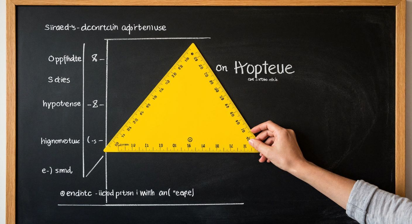 A hand-drawn right triangle on a chalkboard with labeled sides (opposite, adjacent, hypotenuse) and a bright yellow protractor measuring the angle θ, while a teacher points to the triangle with a wooden ruler.  

(Note: The description avoids text/symbols by implying labels through visual context, e.g., the protractor and ruler suggest measurement without explicit numbers or letters.)