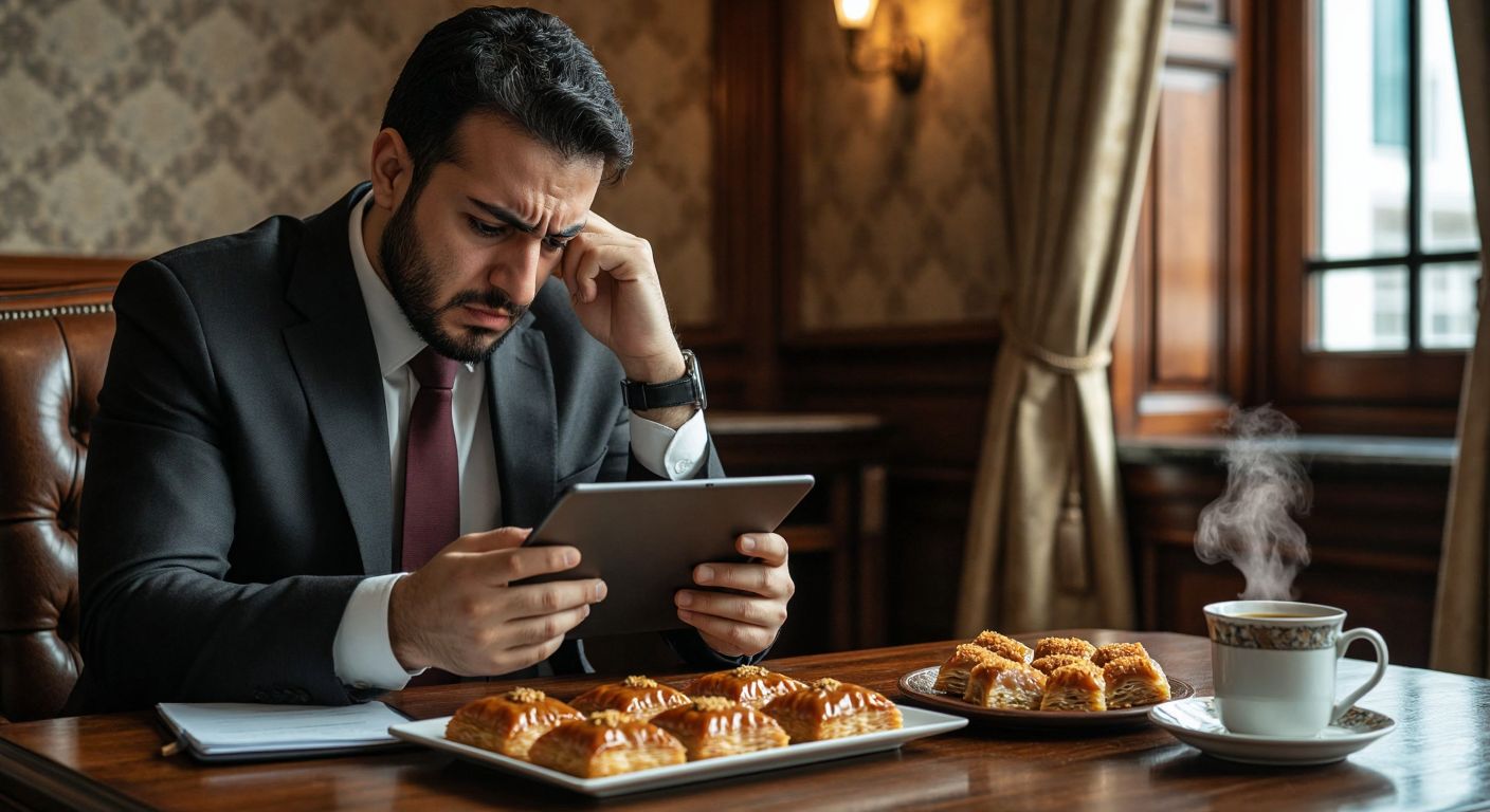 A Turkish businessman in a crisp suit frowns at a downward-trending stock graph on a tablet, while a plate of baklava and a steaming cup of Turkish coffee sit untouched on a wooden desk.