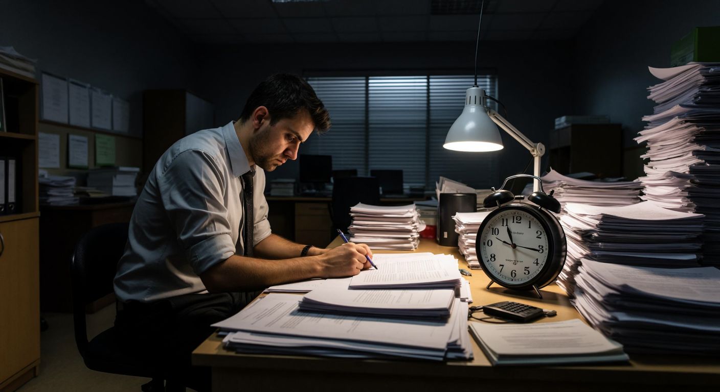 A tired worker in a plain office in Bulgaria, glancing at a clock with worn-out hands, surrounded by stacks of paperwork under dim fluorescent lighting.