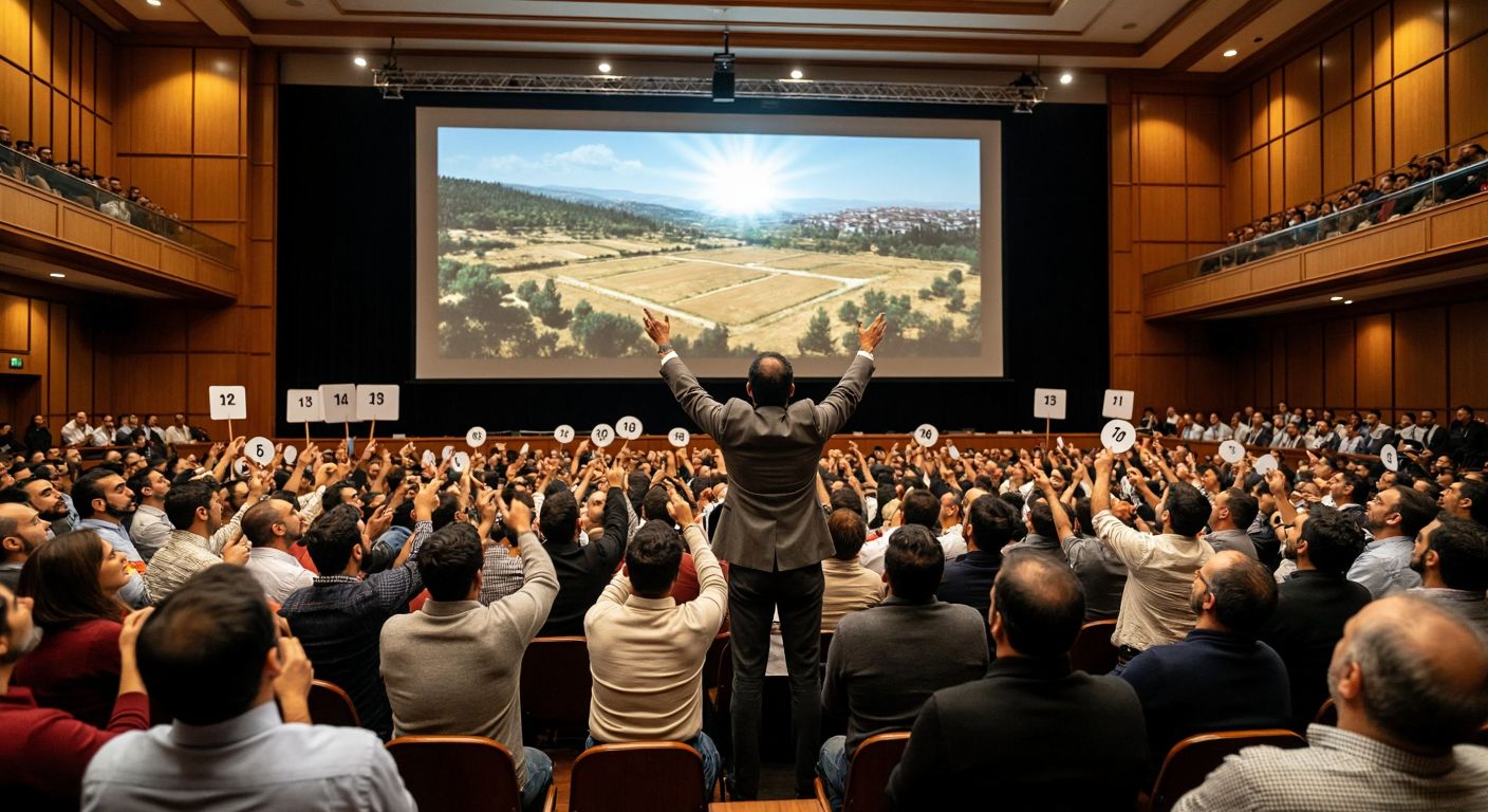 A bustling auction hall in Turkey with a diverse crowd of bidders raising numbered paddles, while an auctioneer gestures energetically toward a large projected image of a vacant plot of land under a bright spotlight.
