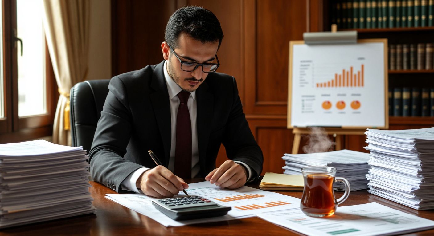 A Turkish accountant in a formal office setting carefully reviews financial documents with a calculator, surrounded by stacks of paper and a steaming cup of Turkish tea, while a whiteboard displays a simplified flowchart of profit distribution steps.