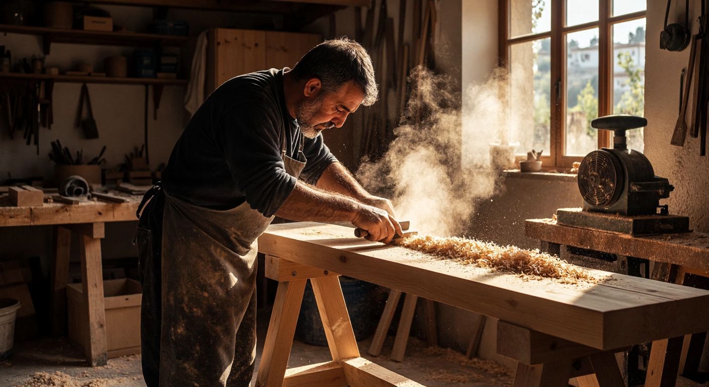 A craftsman in a sunlit Turkish workshop carefully smooths a wooden plank with a steel scraper (sistire) while a sanding machine (sistre) hums nearby, surrounded by wood shavings and the warm scent of freshly treated oak.