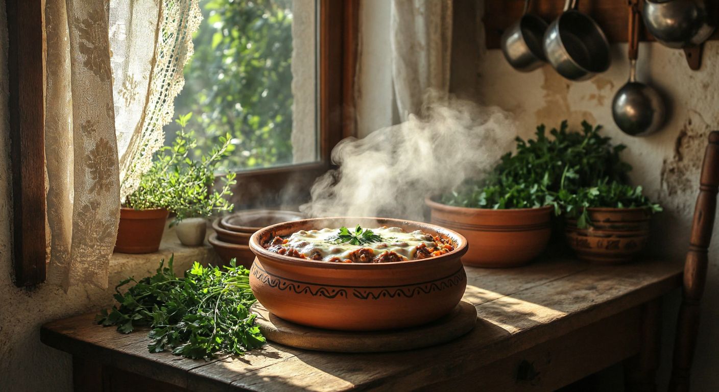 A steaming clay pot of **borana**, a traditional Turkish dish with layers of meat and yogurt, sits on a wooden table in a rustic Karabük village kitchen, surrounded by fresh herbs and warm sunlight filtering through a lace curtain.