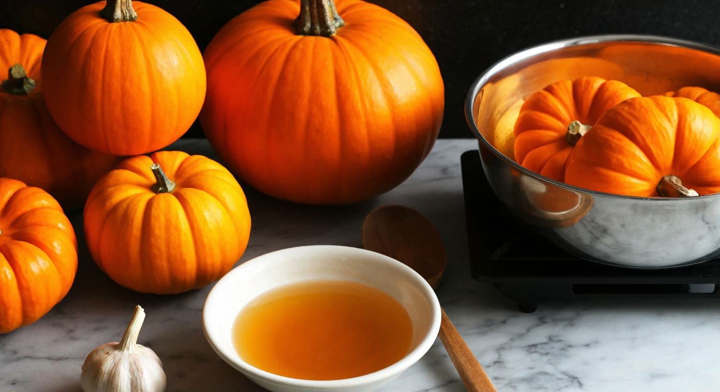 A rustic Turkish kitchen counter displays vibrant orange pumpkins, a bowl of translucent sweet lime solution, and a simmering pot of syrup, with a wooden spoon resting nearby, evoking warmth and tradition.