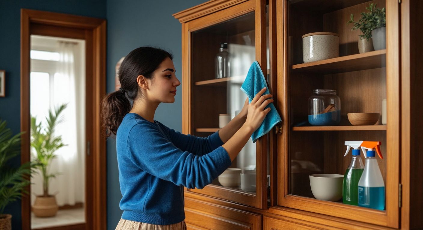A Turkish woman in a cozy home setting carefully wipes the glass doors of a wooden bookshelf with a microfiber cloth, surrounded by cleaning supplies like a spray bottle and vinegar solution.