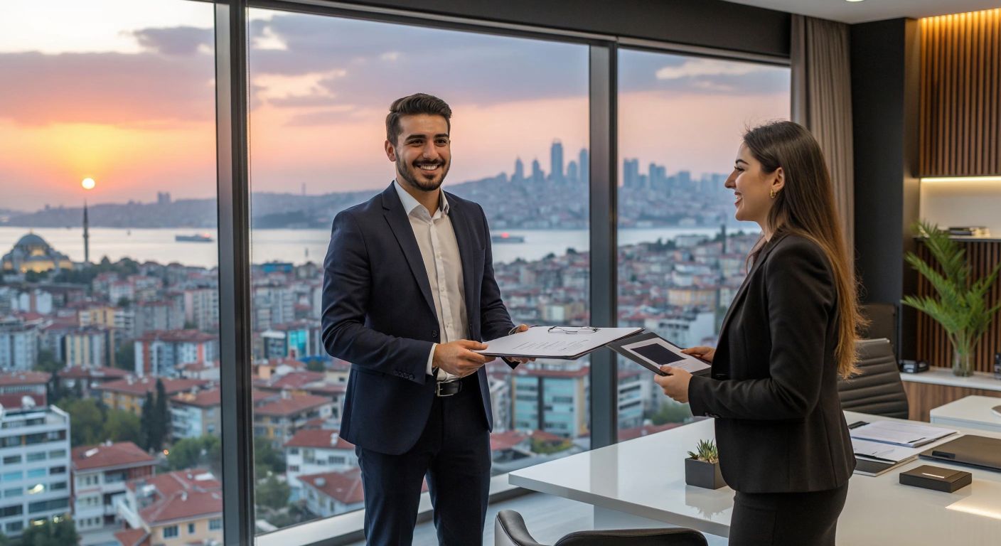 A well-dressed real estate agent in a modern Turkish office smiles confidently while presenting a sleek property portfolio to a client, with a vibrant Istanbul skyline visible through the window.