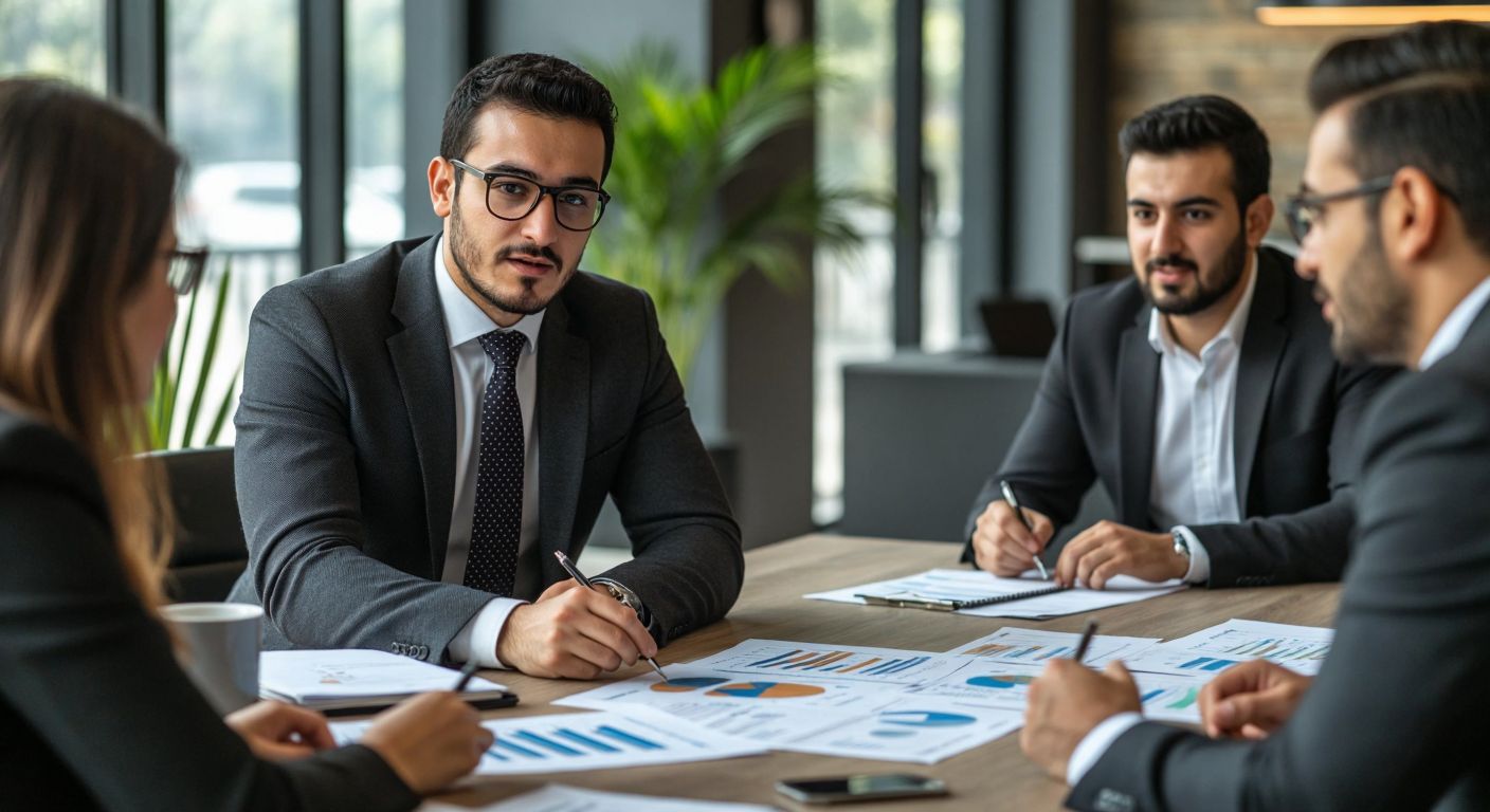 A well-dressed Turkish professional in a sleek office reviews financial charts and reports, surrounded by a team discussing strategies with a focused and confident demeanor.