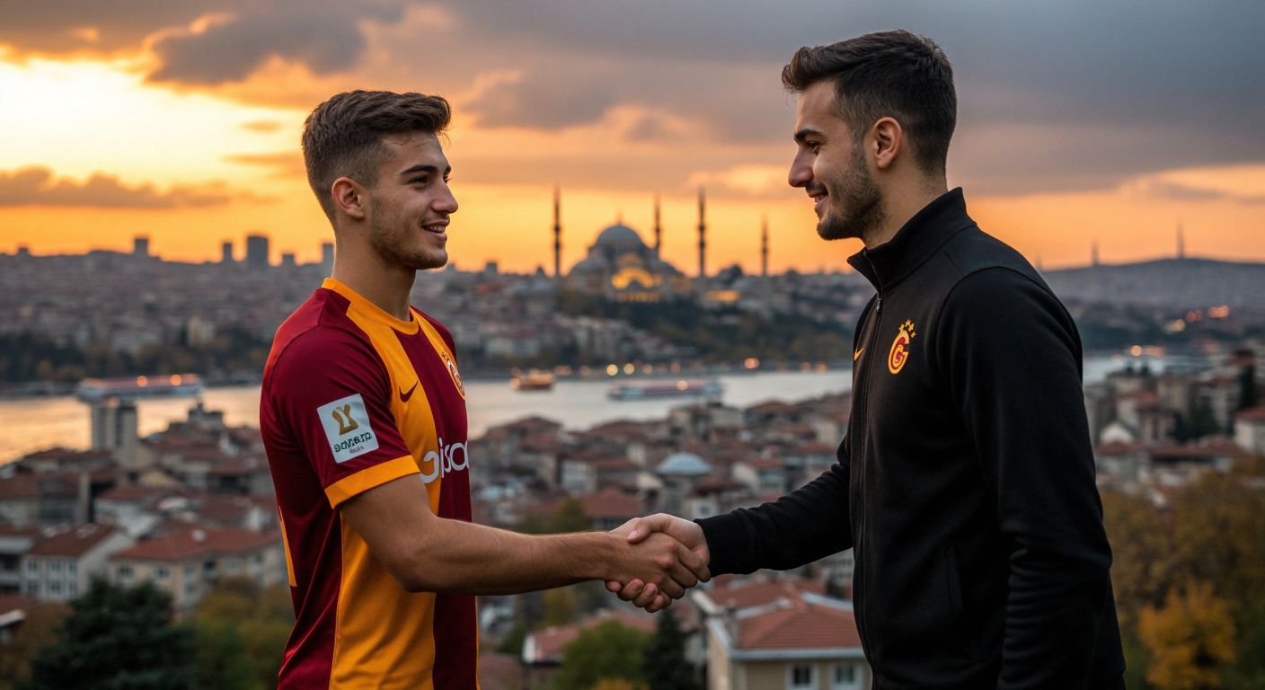 A young German-Turkish footballer in a Galatasaray jersey shaking hands with a club official against the backdrop of Istanbul’s skyline, with a symbolic stack of euro bills subtly placed nearby.