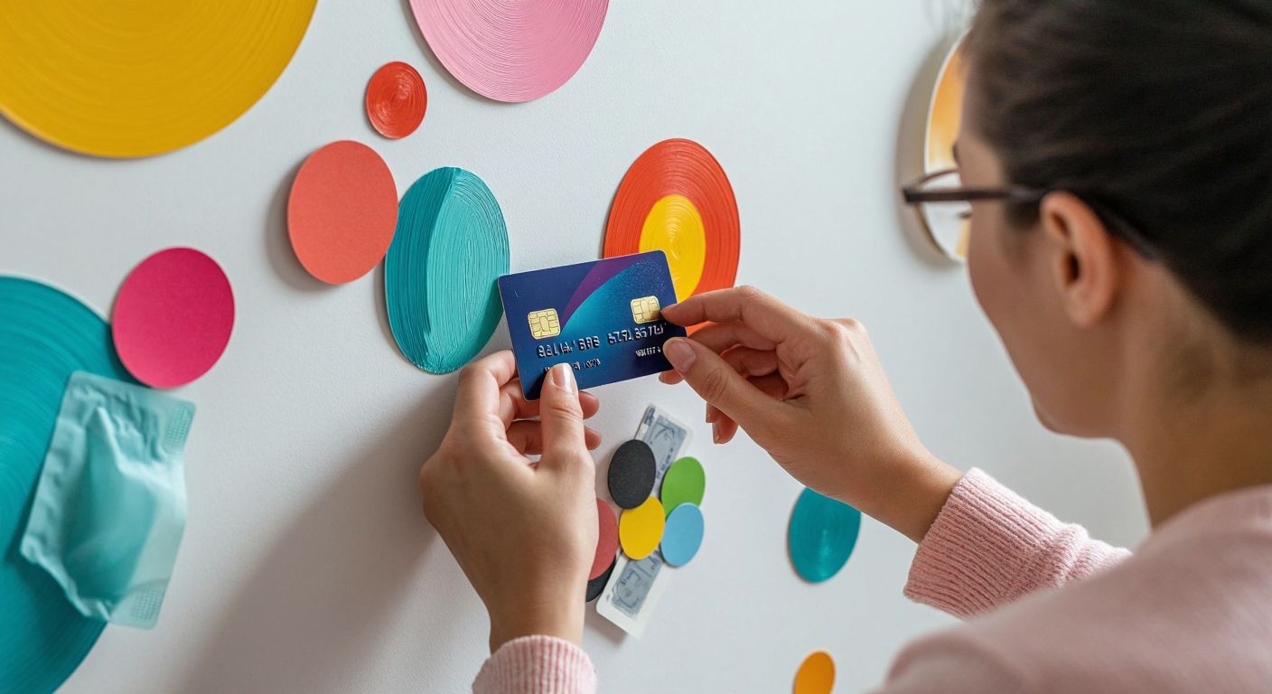 A person carefully smoothing a colorful sticker onto a clean, white wall using a credit card, with a small pile of stickers and a cleaning cloth nearby.