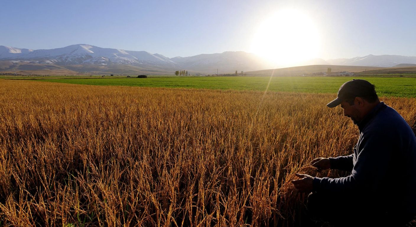 A sunlit field of golden-brown Karacadağ rice in Diyarbakır, with snow-capped mountains in the distance and a farmer inspecting the grains with pride.