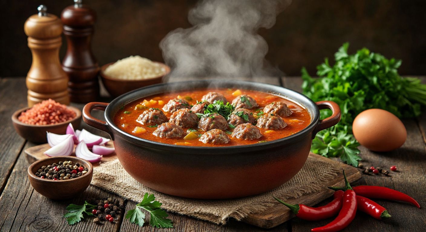 A warm, steaming bowl of *sulu köfte* sits on a rustic wooden table, surrounded by fresh ingredients like minced meat, bulgur, chopped onions, parsley, and spices, with a golden egg cracked nearby, evoking the comforting essence of Turkish home cooking.