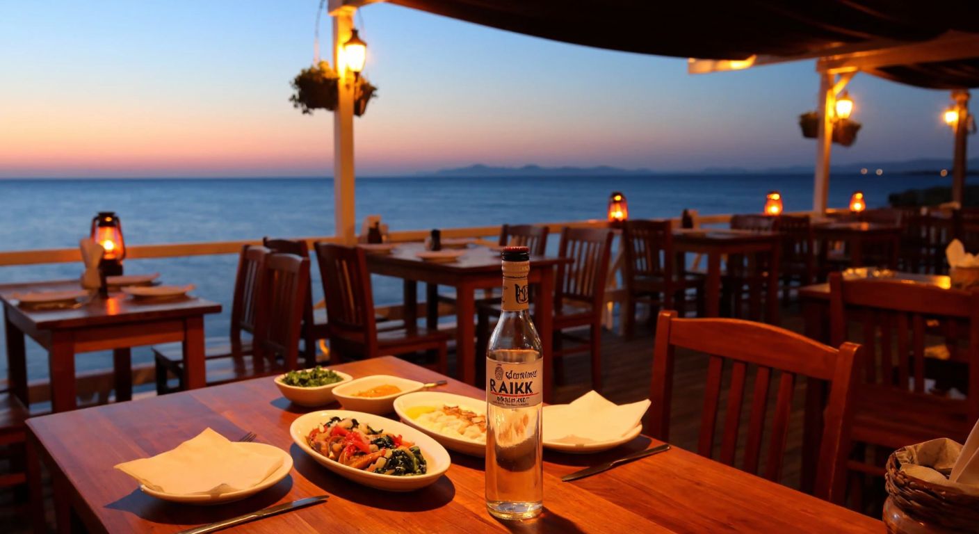 A cozy Turkish seaside restaurant with wooden tables, a bottle of rakı and meze plates under the warm glow of lanterns, overlooking the Aegean Sea at sunset.