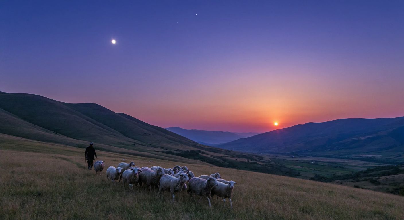 A glowing Venus (Çoban Yıldızı) hangs in a twilight sky over a Turkish shepherd guiding his flock through rolling Anatolian hills, embodying love, guidance, and celestial beauty.